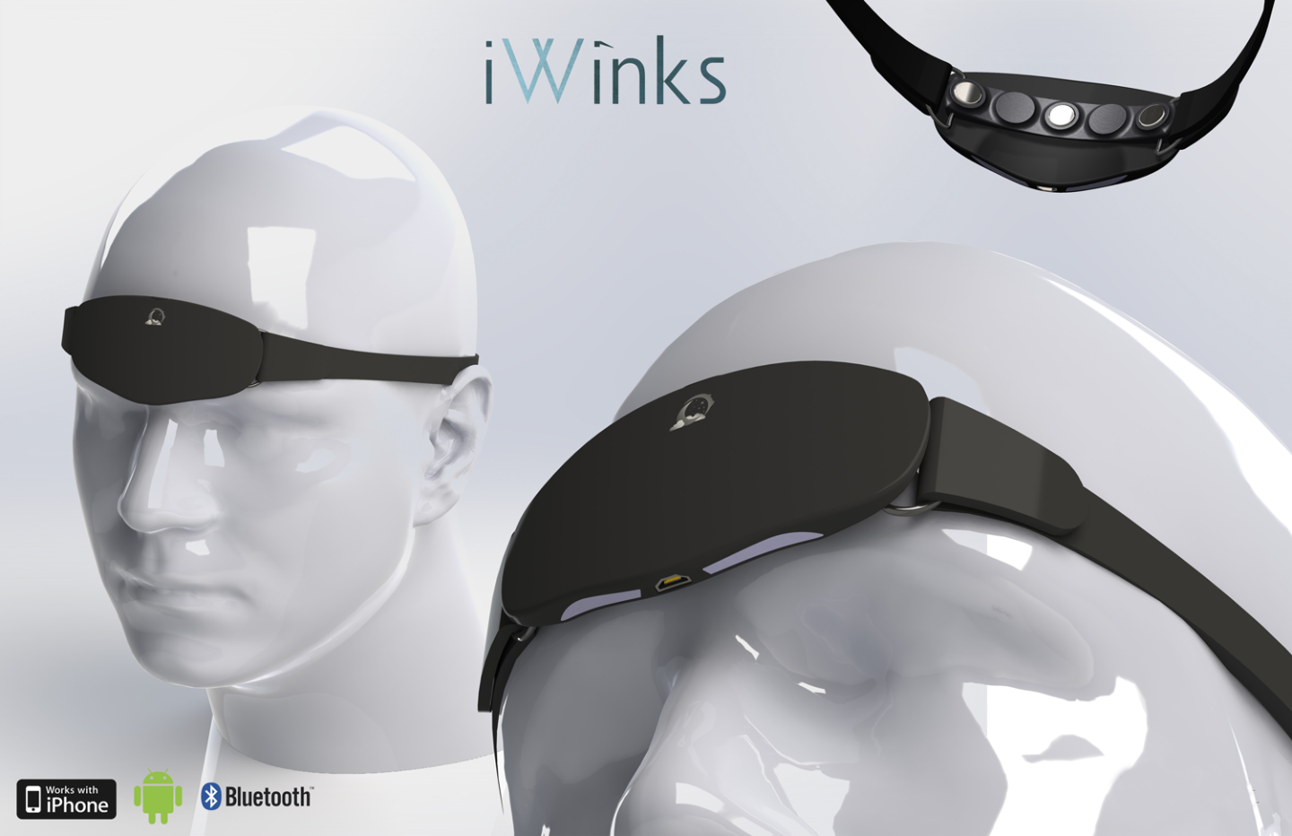 Different angles of the dream-enhancing Aurora headset, with the angle looking up showing the LEDs are in a light tunnel configuration