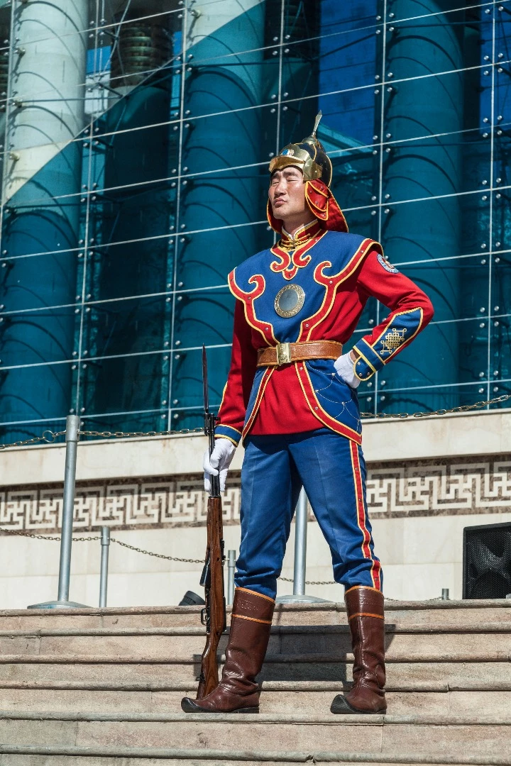 Colourful guards in Chinggis Khaan square, Ulaanbaatar