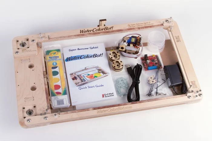 The WaterColorBot kit contains everything you'd need to get started, including a set of Crayola water colors, a brush and some paper