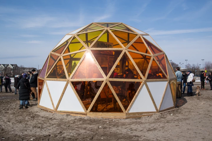 The 2022 Winter Stations competition includes this colorful geodesic dome named the Hive, by Canada's Kathleen Dogantzis and Will Cuthbert
