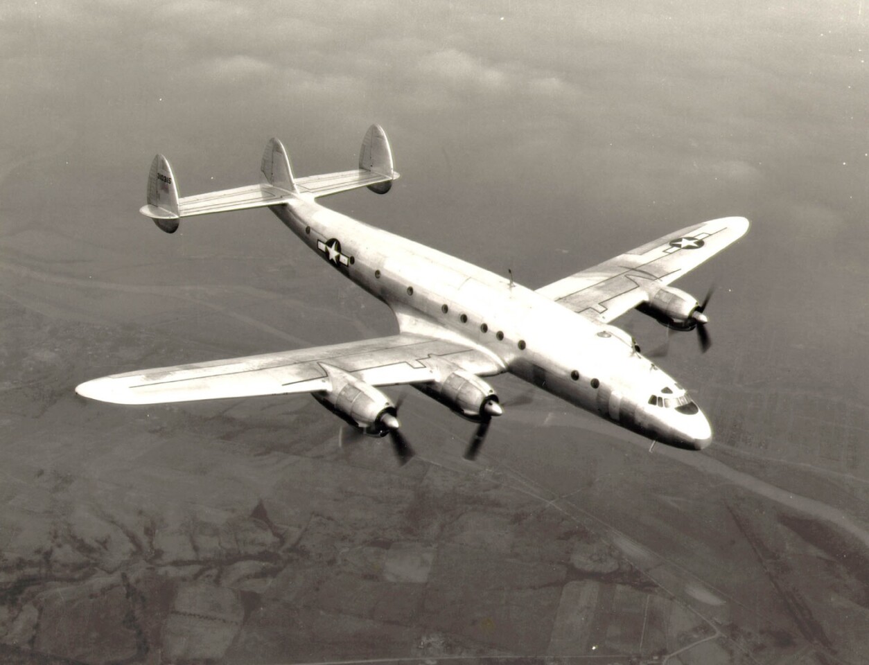 The stunning Constellation, nicknamed Connie for short, was conceived by the Lockheed Corporation in 1939 to exceed the needs of one man: business magnate Howard Hughes. The goal was to build a plane that would, according to then chief research engineer Kelly Johnson "carry more people farther and faster than ever before, and economically enough to broaden the acceptance of flying as an alternative to train, ship and automobile." It was built between 1943 and 1958, but served into the 1990s. It was the first plane to bear the callsign Air Force One, for President Eisenhower. Pictured is the USAF C-69 military version, showing the Constellation's unmistakable triple tail.