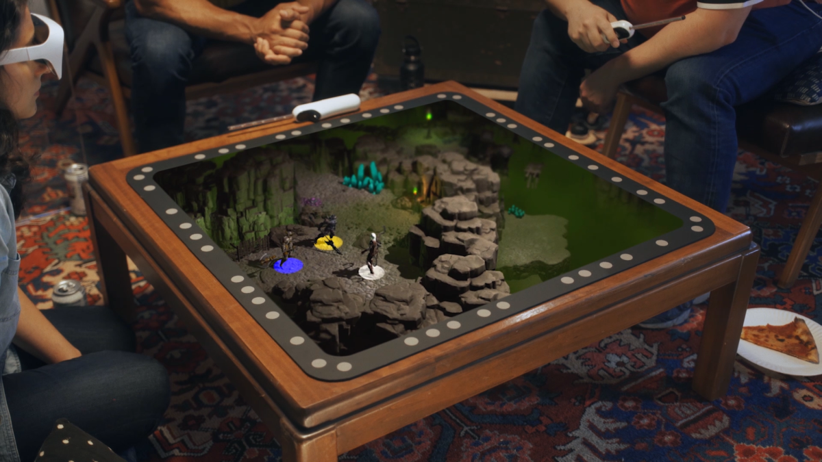 When viewed through the glasses, the game board becomes a window into the holographic world