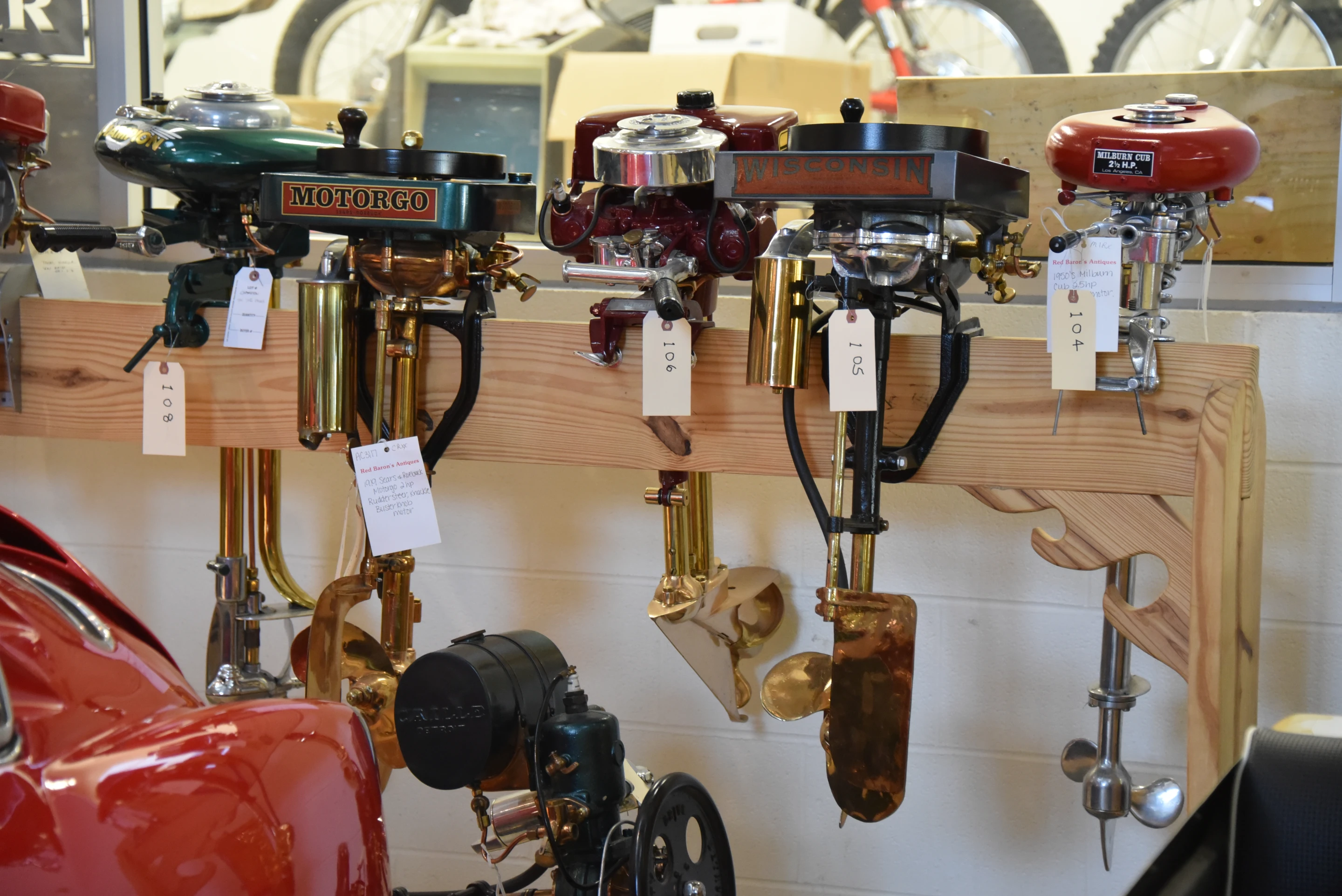 Vintage outboard motors, part of an extensive collection most of which are on display at a marina George Barber developed
