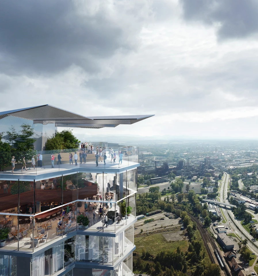 The Ostrava Tower's rooftop garden will include a bar, cafe, and restaurant