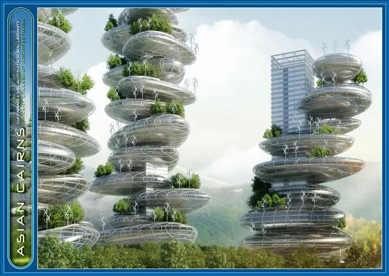 Each "farmscraper," as the group calls them, would consist of a central tower with a series of pebble-like sections spiraling upwards around it and growing smaller toward the top