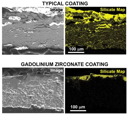 Scanning electron microscope images show what happened when the typical coating (top) and the gadolinium zirconate coating (bottom) interacted with Eyjafjallajokull ash at high temperature (Images: Ohio State University)