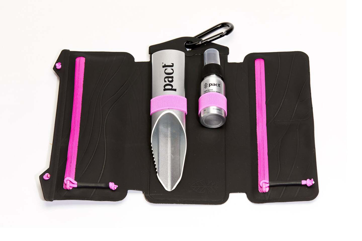 The various pockets hold a reusable pack-out bag, wipes and mycelium tablets