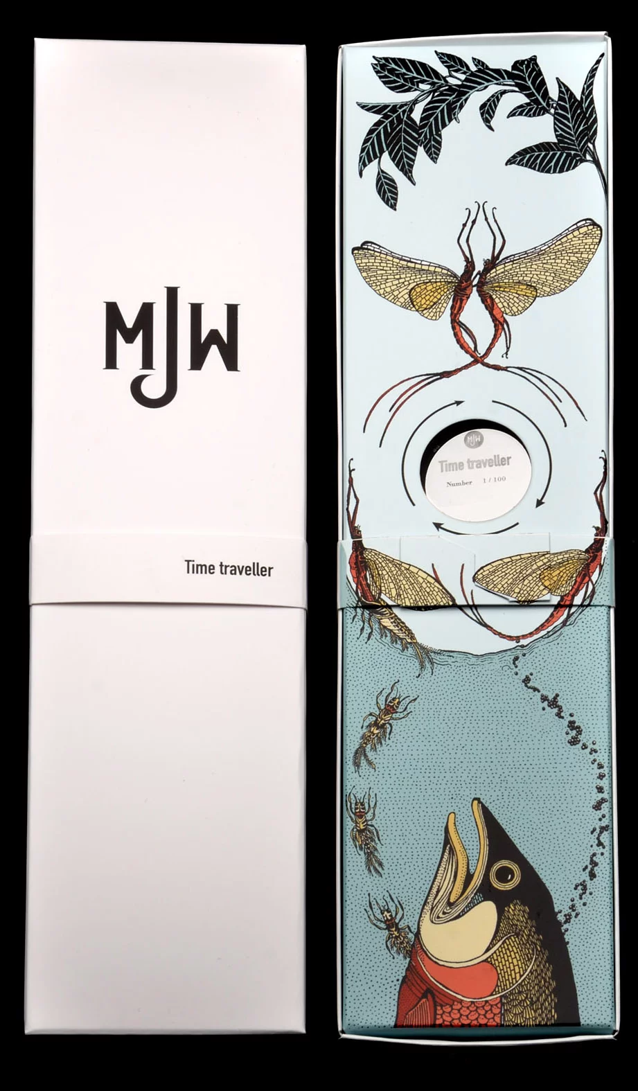 The Time Traveler watch comes in packaging that shows the life of the mayfly