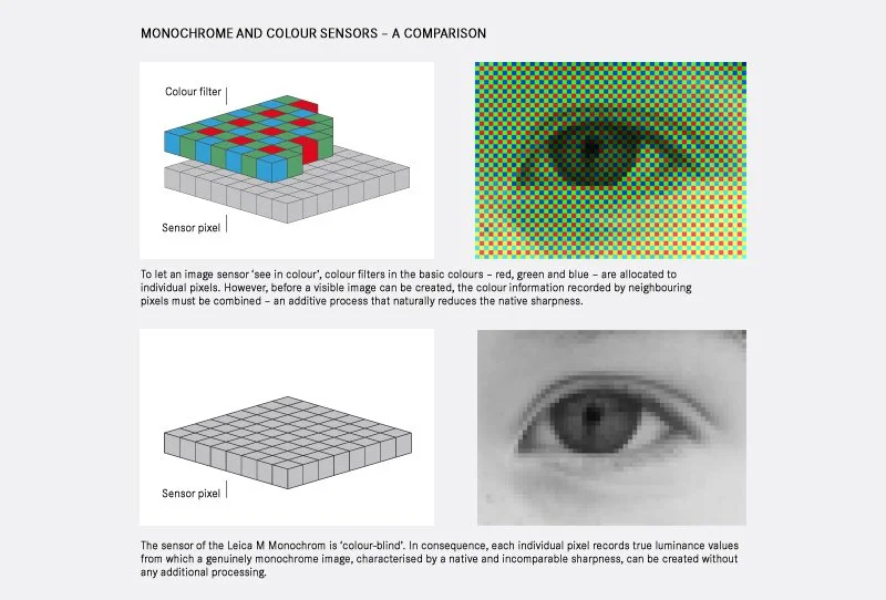 Because the M-Monochrom doesn't have to split the light into colors and then combine information from adjacent pixels, it produces better quality images