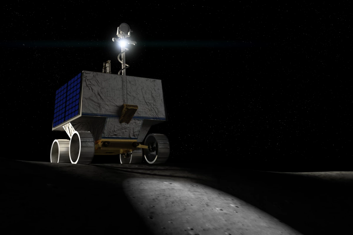 Render of the VIPER rover at work on the Moon