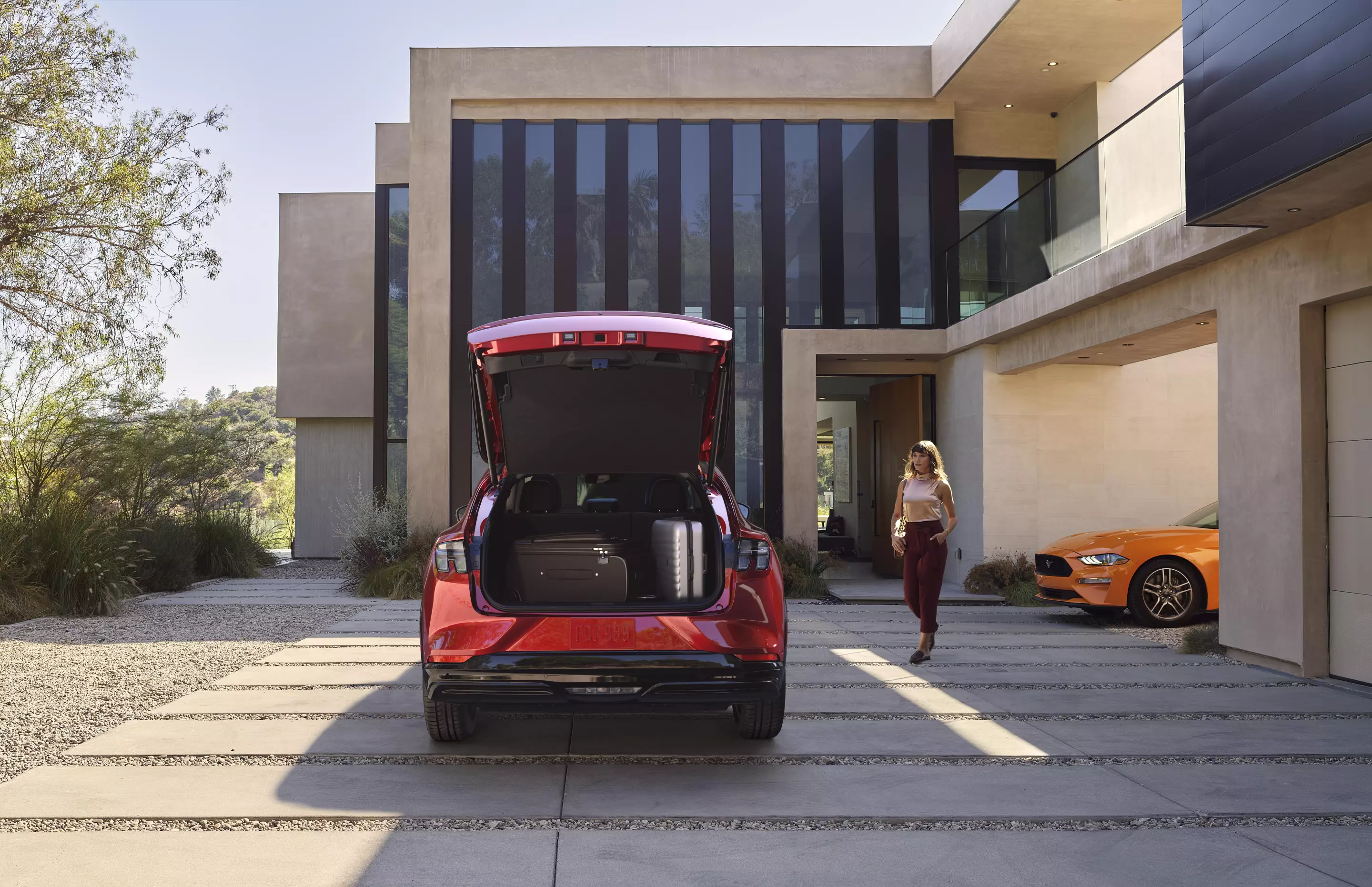 The rear trunk is outfitted with 29 cubic feet of space. With the back seats down, the Mustang Mach-E boasts 59.6 cubic feet of space