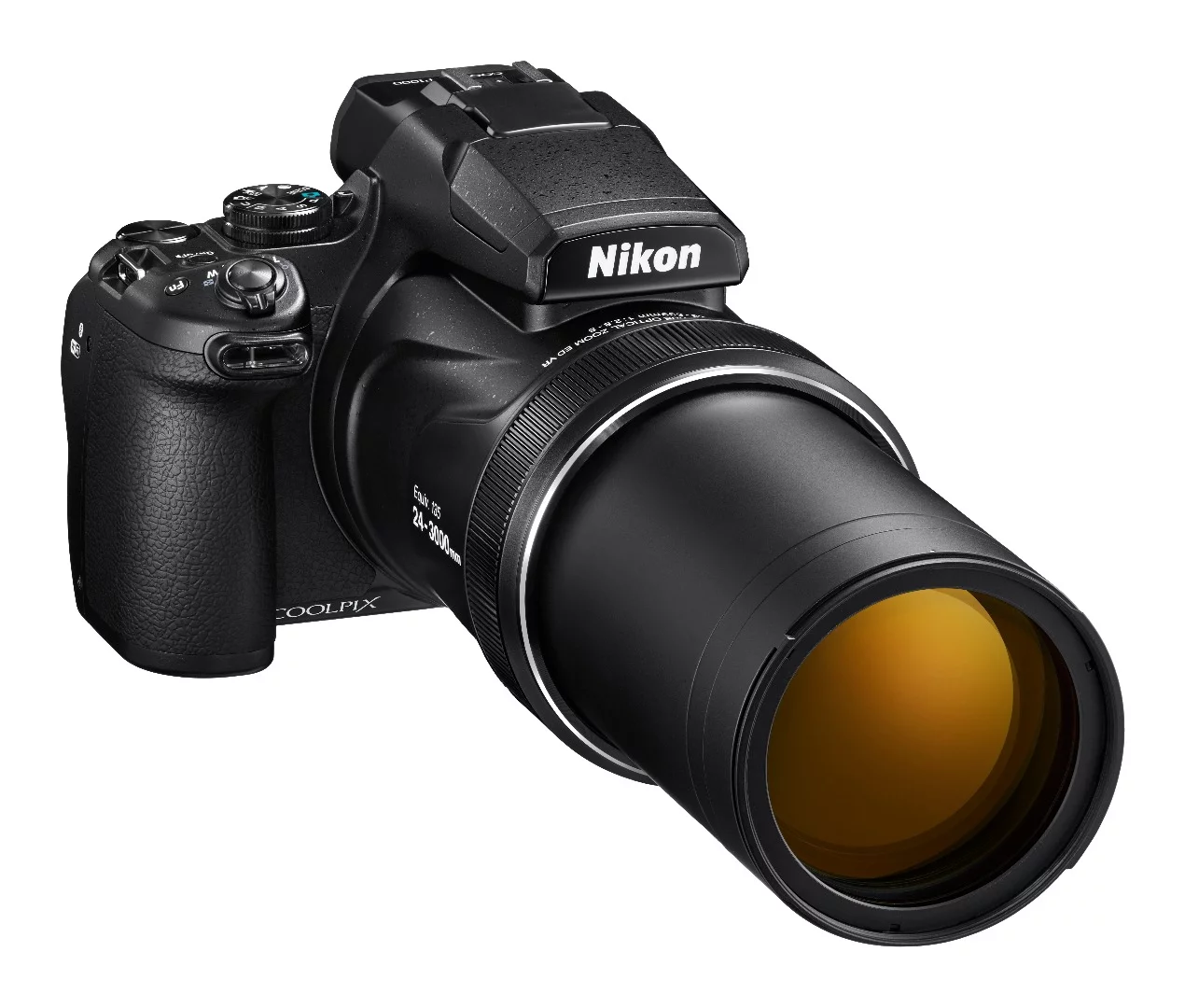 The Coolpix P1000 features a Nikkor 24-3,000 mm equivalent optical zoom lens with an aperture of F2.8-8