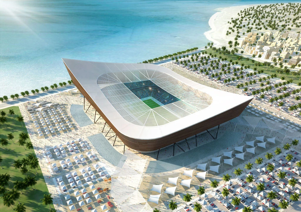 Artist's illustration of the proposed Al-Shamal Stadium to be built in Ash-Shamal, Qatar for the 2022 World Cup