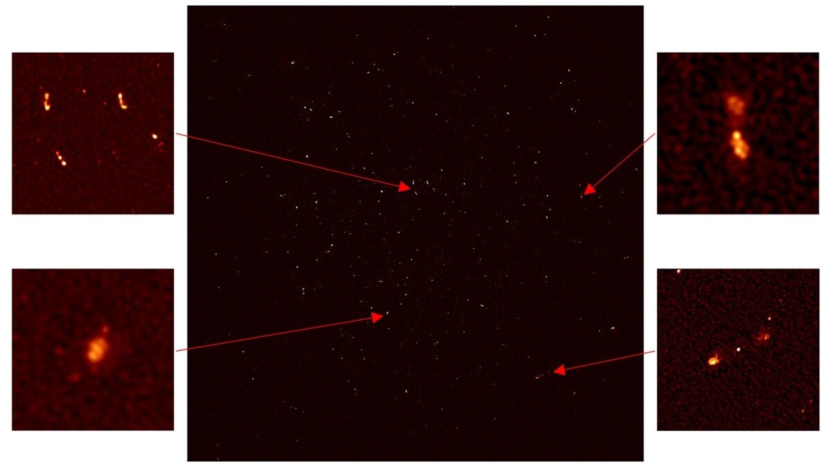 The zoomed-in image on the lower left shows a galaxy abut 200 million light years away, where hydrogen gas is being used up to form a huge number of stars; the two images on the right show galaxies with massive black holes at their centers