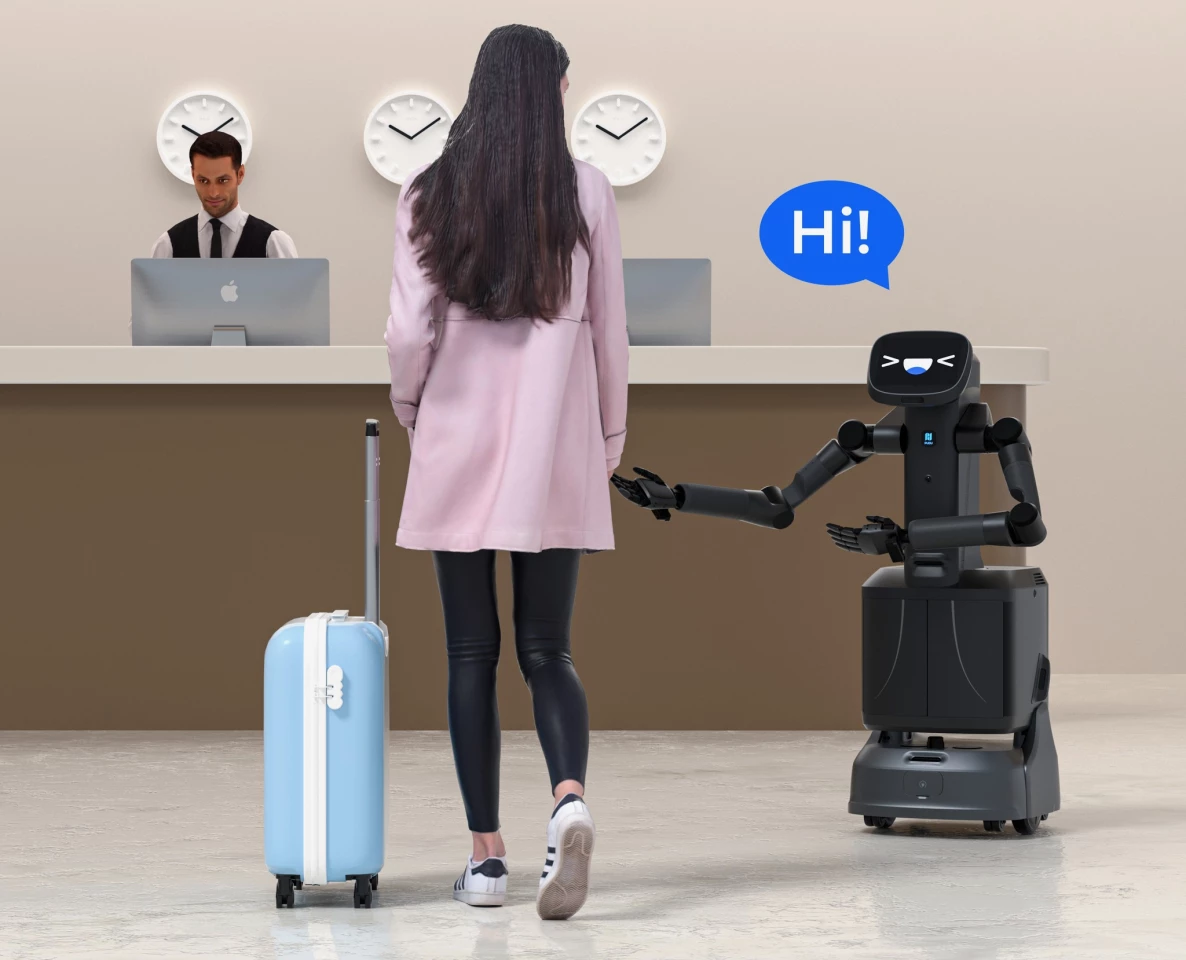 A face de tela sensível ao toque do bot permite exibir diferentes expressões faciais