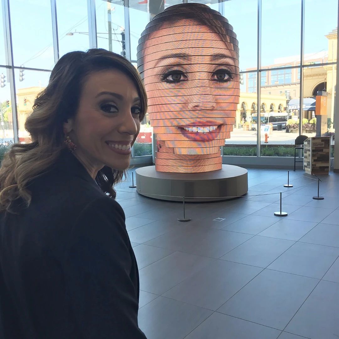 As We Are is an interactive public art installation, where visitors' selfies are displayed on a giant head for all to see