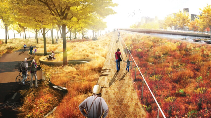 BIG's coastal protection system comprises large berms – or embankments – which feature a shore-facing concrete wall covered by compacted earth and a turf top (Photo: Rebuild by Design)