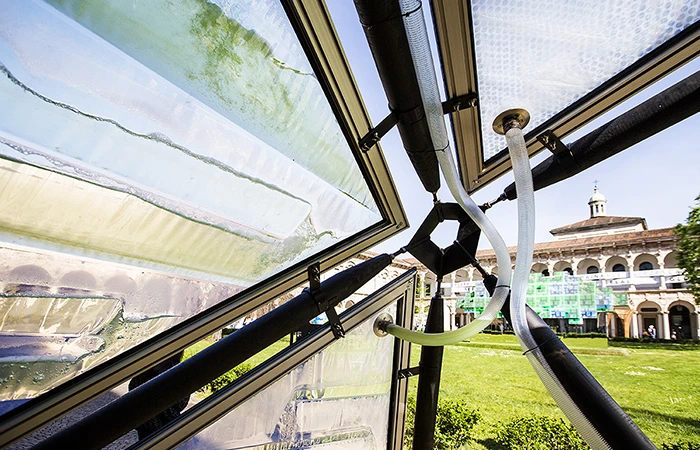 "A special CNC welding technology is at the core of it and enables ecoLogicStudio to design and control the morphology of the cushions under stress as well as the fluid dynamic behaviour of the water medium as it travels through it."
