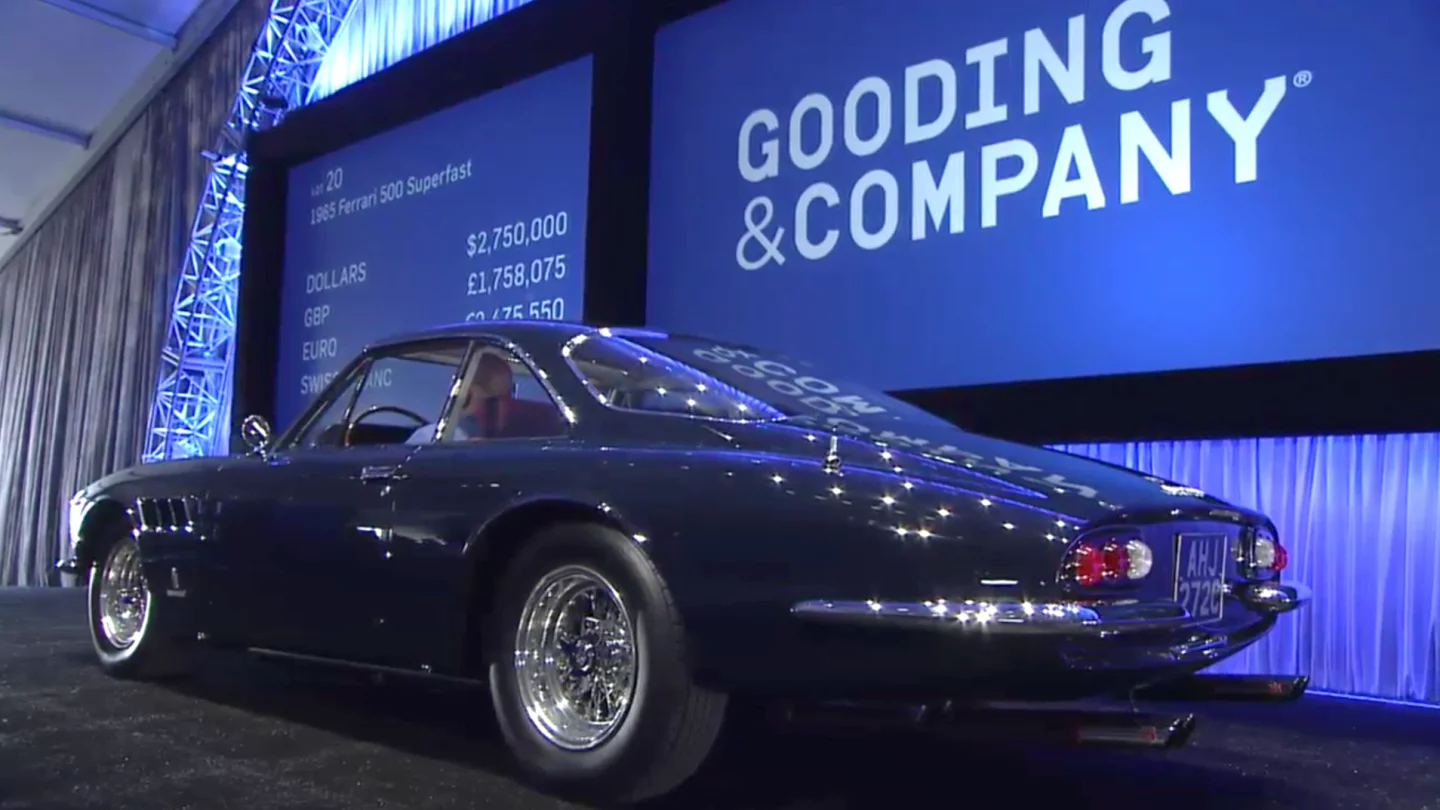 This 1965 Ferrari 500 Superfast was purchased new by Prince Sadruddin Aga Khan, the first of only six owners in the car's 50 year history, which included 17 years in the Mas du Clos Collection. The current owner commissioned an exhaustive two-year restoration by Wayne Obry’s Motion Products and the voluminous supporting documentation that comes with the car includes invoices totaling $1,000,000 in creating a Platinum-Award-Winner.The total package is near perfect and includes Ferrari Classiche certification, all the original books, tools, and luggage. The gorgeous Superfast sold in the lower range of Gooding & Co's estimate of between $3,00,000 and $3,400,000, fetching $3.025 million