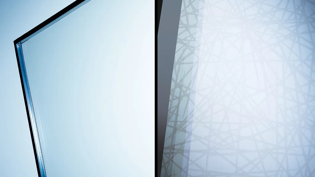 How humans see the Bird-Protection Glass (left) and how birds see it (right)