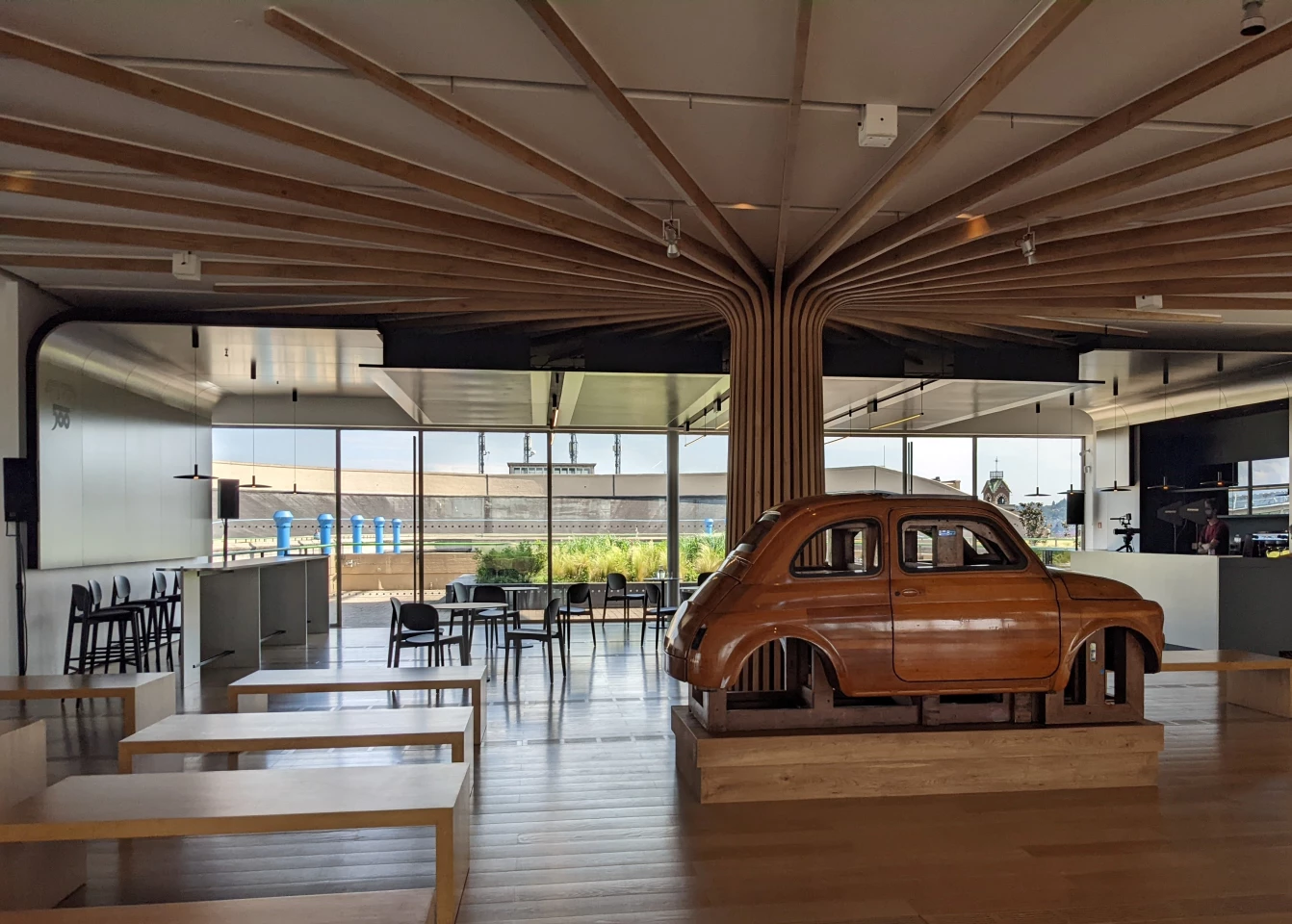 The Fiat Café 500 features a wooden sculpture of a Fiat 500, as well as an exhibition on the car's history