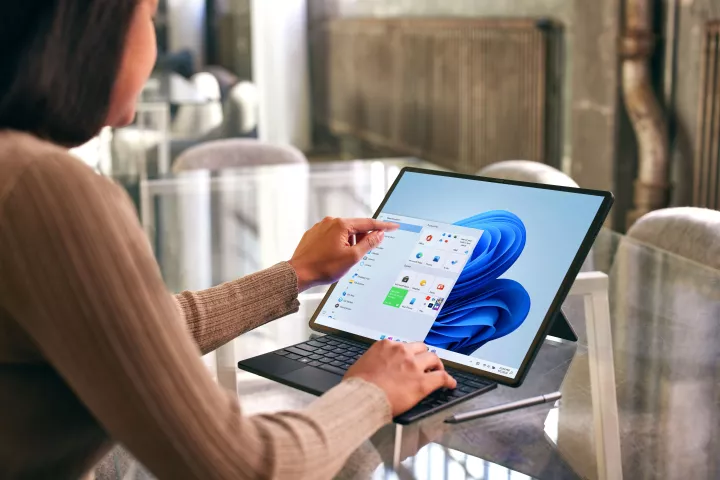 The OLED display flattens out to a workable 16 diagonal inches, and can be paired with a Bluetooth keyboard and/or a Wacom-style pen