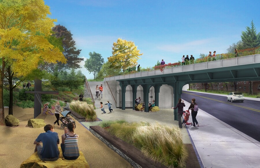 There is City-owned land adjacent to the QueensWay bridge that can provide space for a playground, seating and access to the QueensWay via stairs