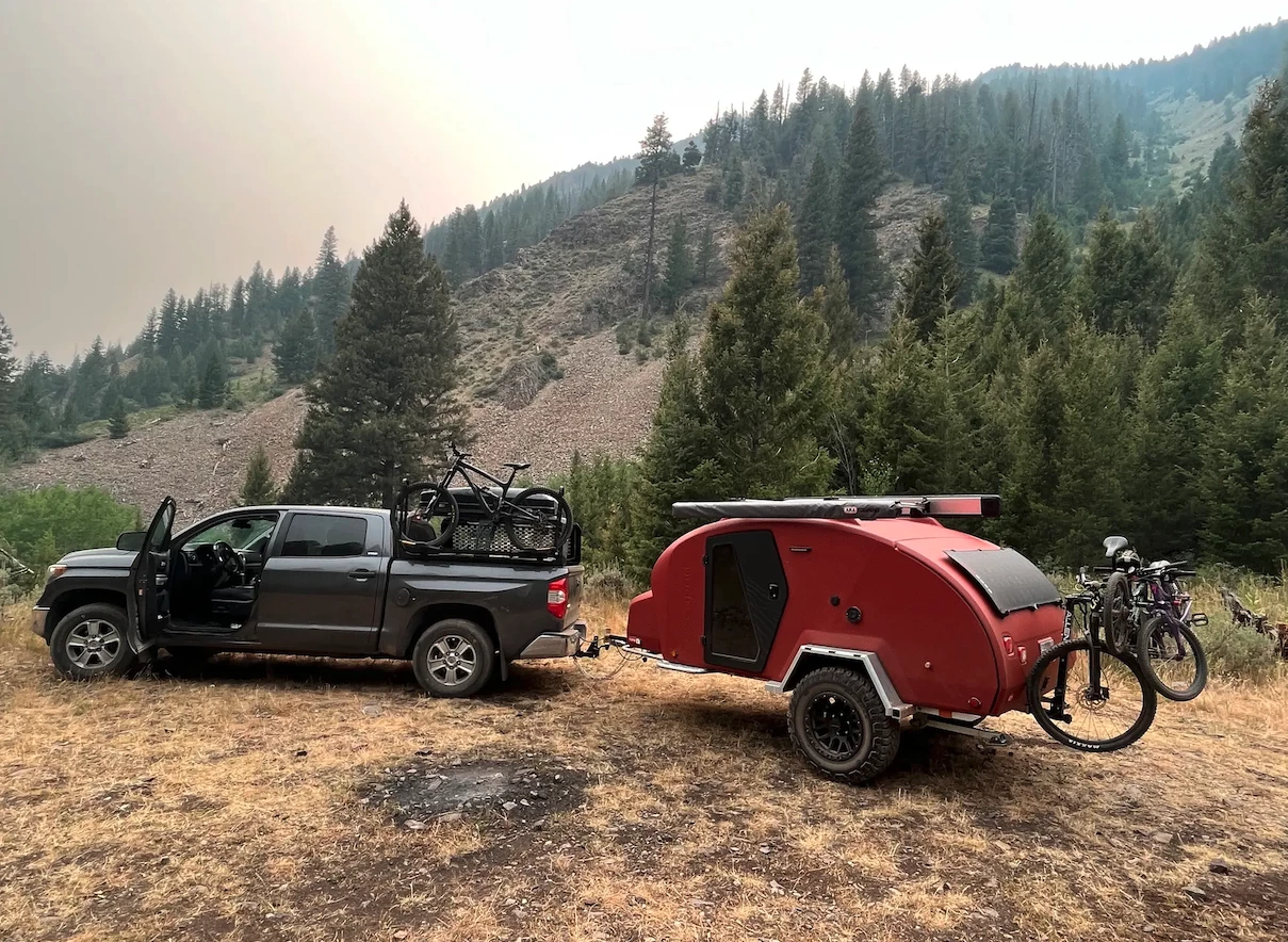 Unhitch the Topo2 MTB at a campsite like this, and you have a base camp to come back to after exploring via truck and/or bike. Also worth noting: We've been using Kuat's Piston SR, a lighter-duty truck rack-mounted bike rack using the same Piston action as the Topo2 MTB's Piston ION rack, and have found it to be the easiest bike rack we've used - it'll be even easier when you don't have to lift the bike as high