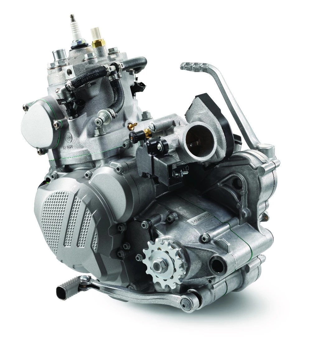 The rear view of KTM's EXC TPI fuel injected two-stroke engine