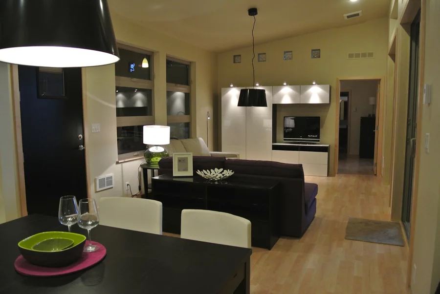 The interior features clean modern lines, open spaces and lots of glass for indoor/outdoor living