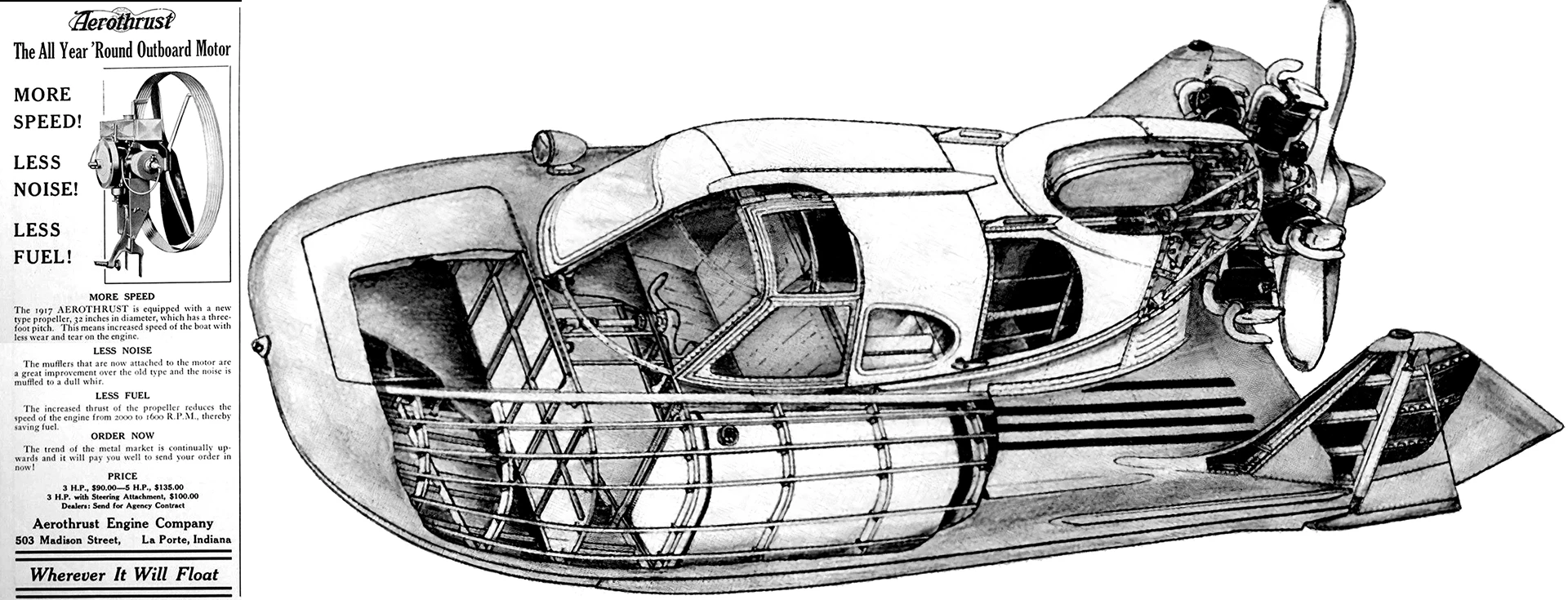 If you want a clear picture of progress, the advert at left is from 1917. The Tupolev A-3 Aerosled at right was designed and built less than 50 years later (1966), and though now out of production, over 800 units were built, mostly with a 10 liter nine-cylinder radial engine, and some are still used to connect remote parts of Russia even today.