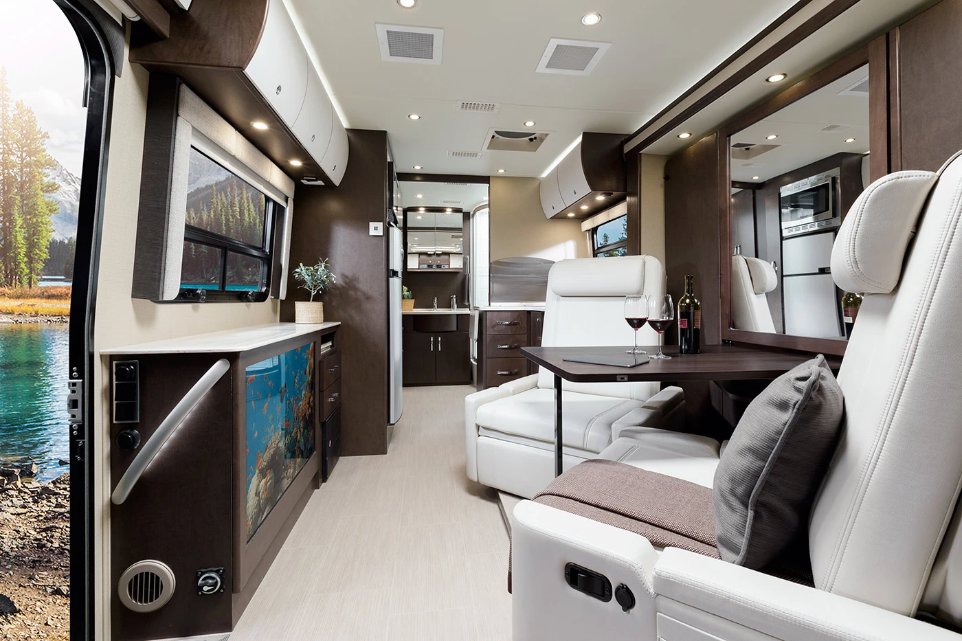 The 39-in LED TV can be viewed through the glass console