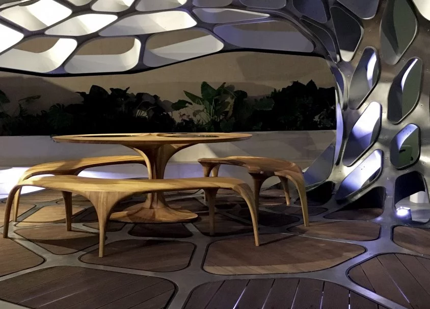 The renders depict wooden shading in the roof cells, but from the pictures at least, the Design Miami model doesn't appear to feature them