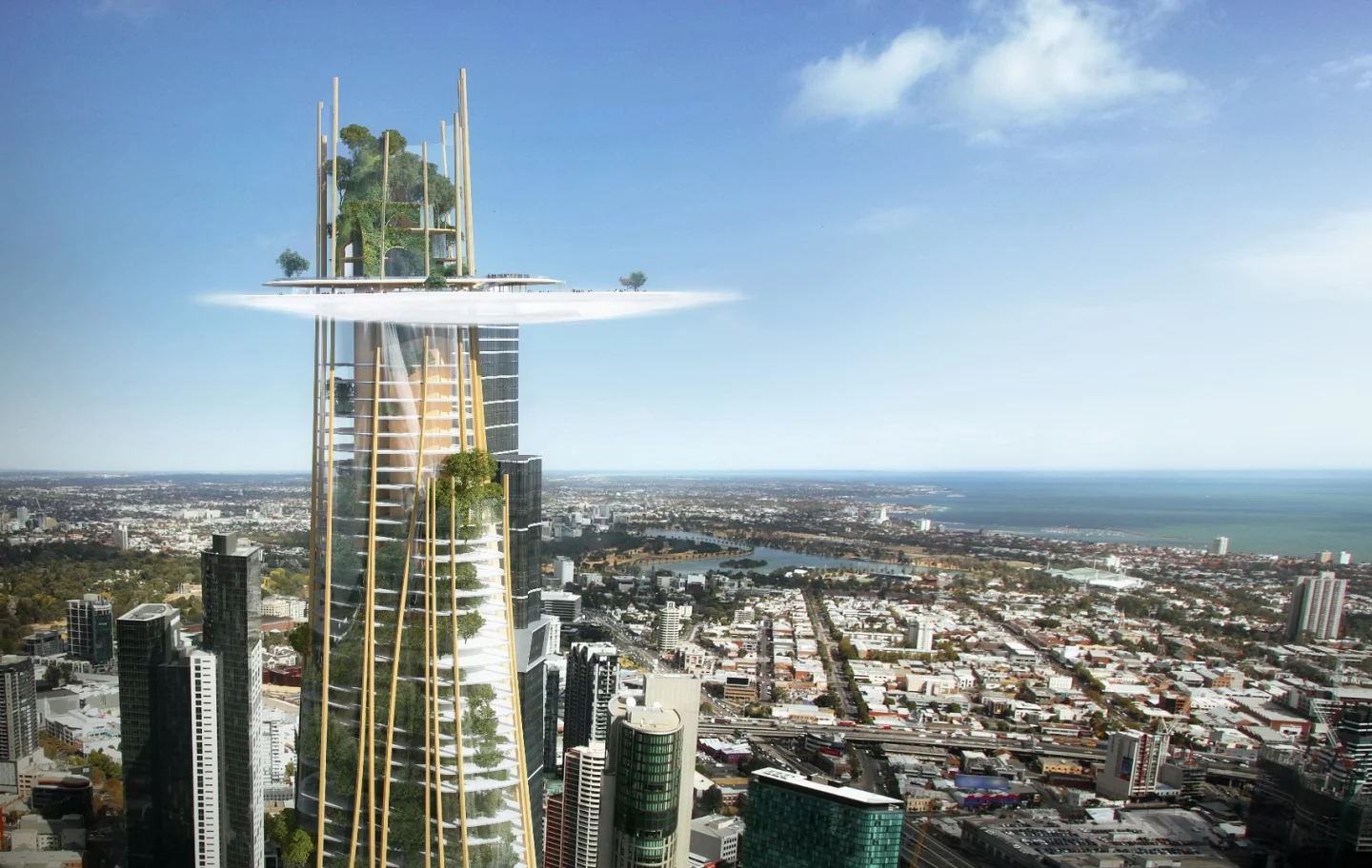 The Urban Tree would rise to a total of 360 m (1,181 ft) and feature some kind of platform called "The Cloud," at the top, which would house the hotel's public amenities and change appearance with LEDs