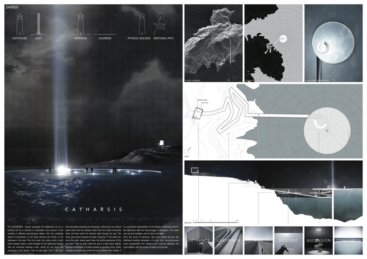 Third-place entry Catharsis ratchets the level of abstractness up a notch and calls for an unusual structure with walls made with the rusted steel of the Costa Concordia