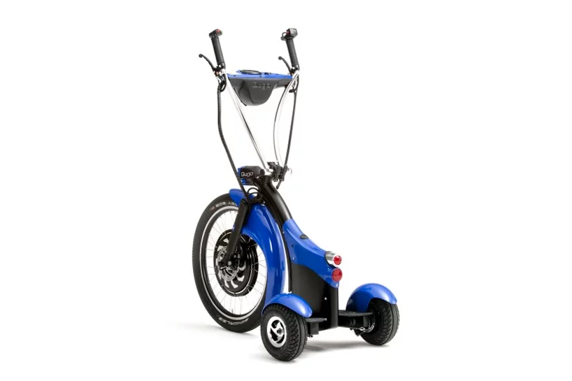 Two smaller rear wheels are connected to the front balance wheel by swing arms