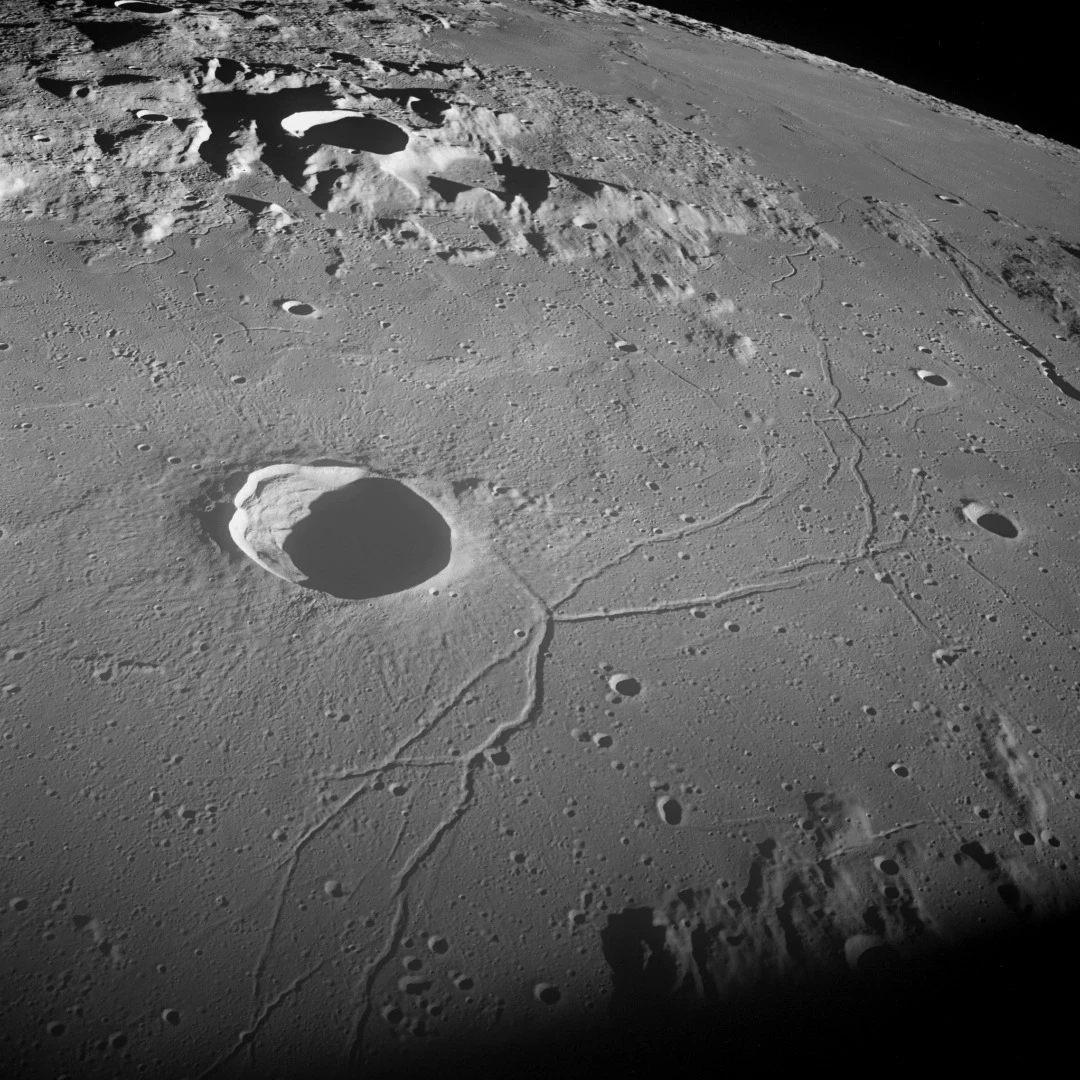Triesnecker crater and Triesnecker rilles as seen from Apollo 10