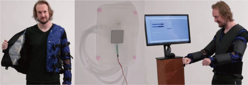 The Force Jacket works by inflating and deflating 26 bags, at different speeds and to different degrees, to simulate various feel effects