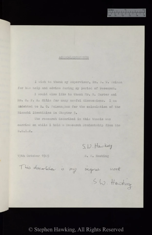 Signed and dated acknowledgement page of Stephen Hawking's 1966 PhD thesis