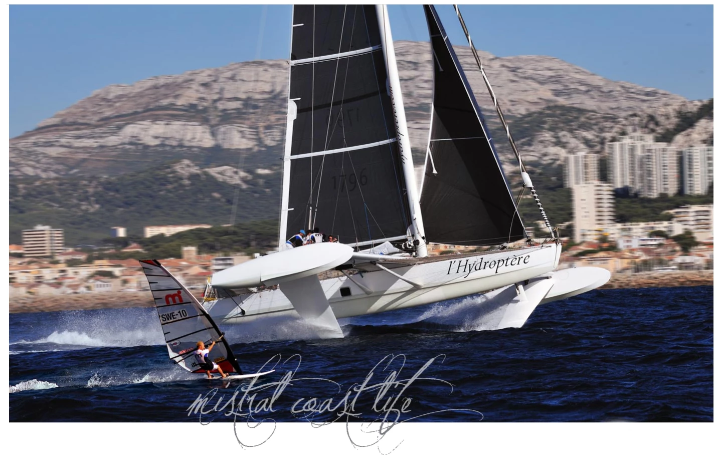 Anders Bringdal on his over-the-counter Mistral board and l'Hydroptere, the fastest open-water sailing boat in history