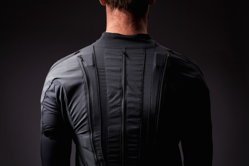 In the back of the Smartsuit Pro is a small hub and battery, which are reportedly smaller than an iPhone and very lightweight