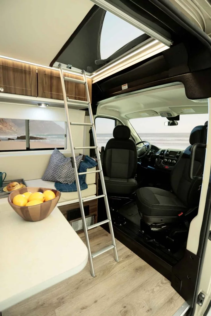 The front seats swivel and the dining table can mount up between them