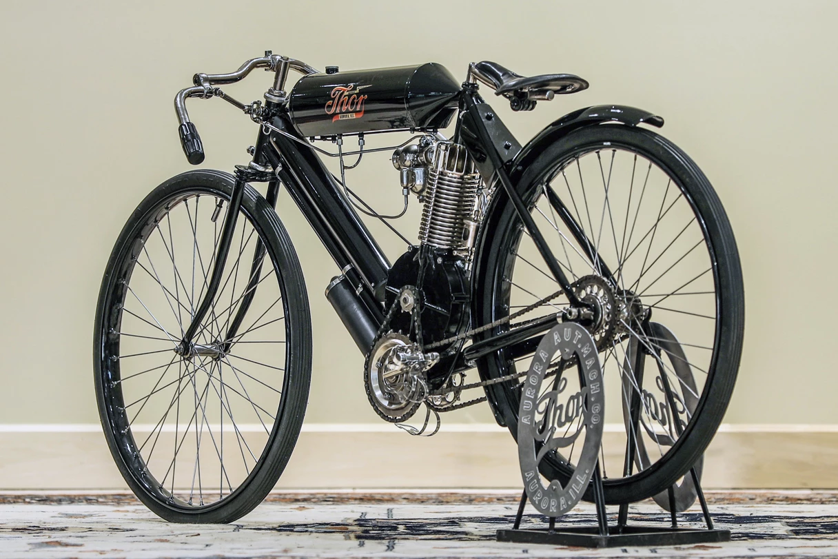 A fully restored 1906 Thor board track racer expected to sell for between $30,000 and $50,000, ultimately fetching $33,000. Official Auction Description
