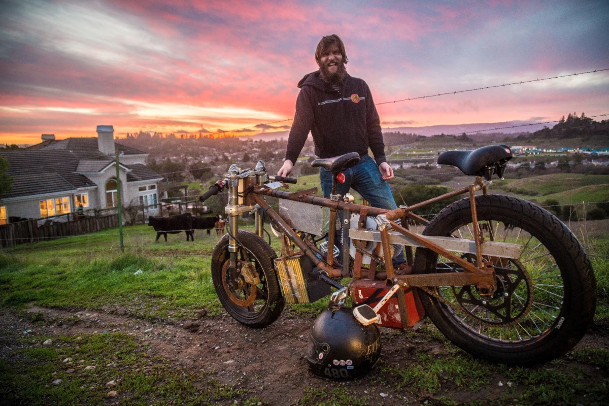 Luke Workman, AKA LiveforPhysics, with the Death Bike electric drag racer.