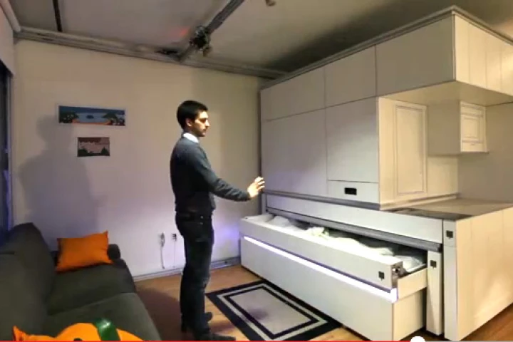 The CityHome project solves typical spatial issues with hidden amenities controlled by hand gestures, interactive touch elements and voice commands