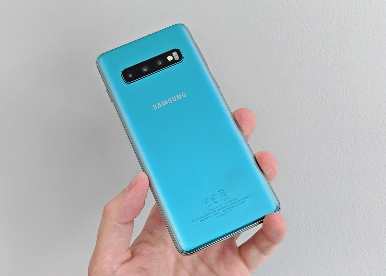Around the back of the S10 is the same triple-lens camera that the S10 Plus has