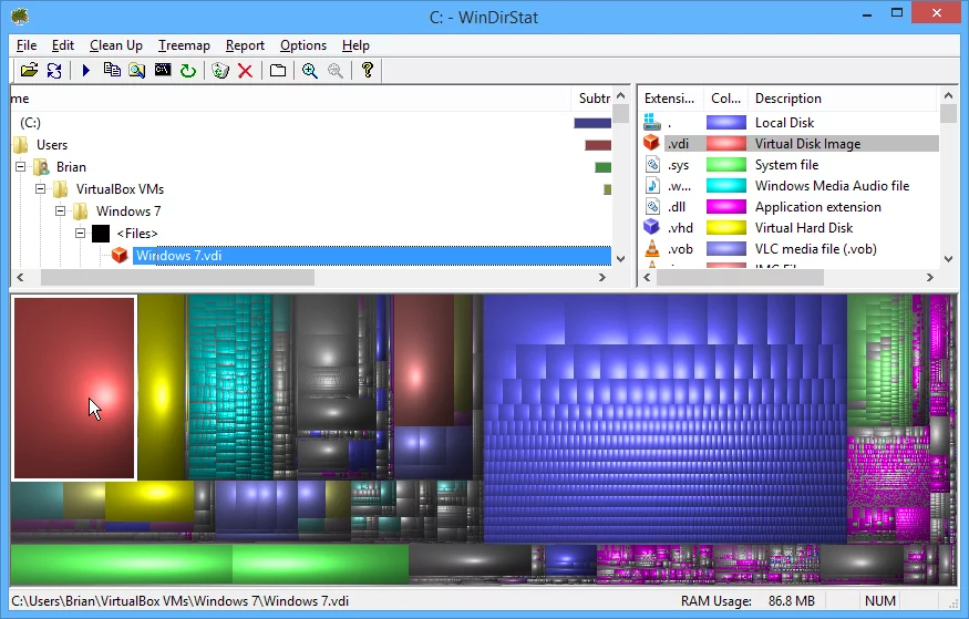 WinDirStat gives you a graphical view of file types taking up hard drive space