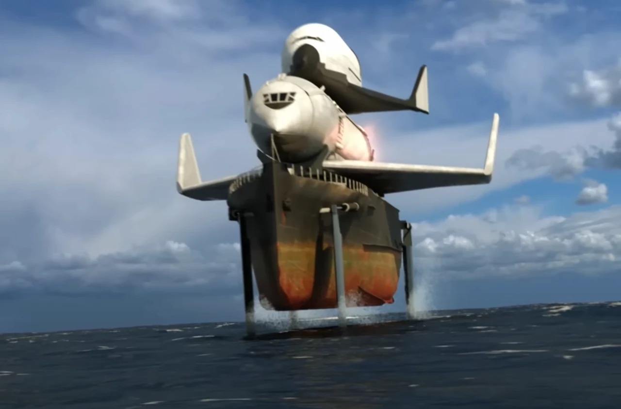 The Alexeyev/Sukhoi Albatros launch system would have launched a carrier plane off the back of a hydrofoiling barge. Rendered here by YouTuber Hazegrayart