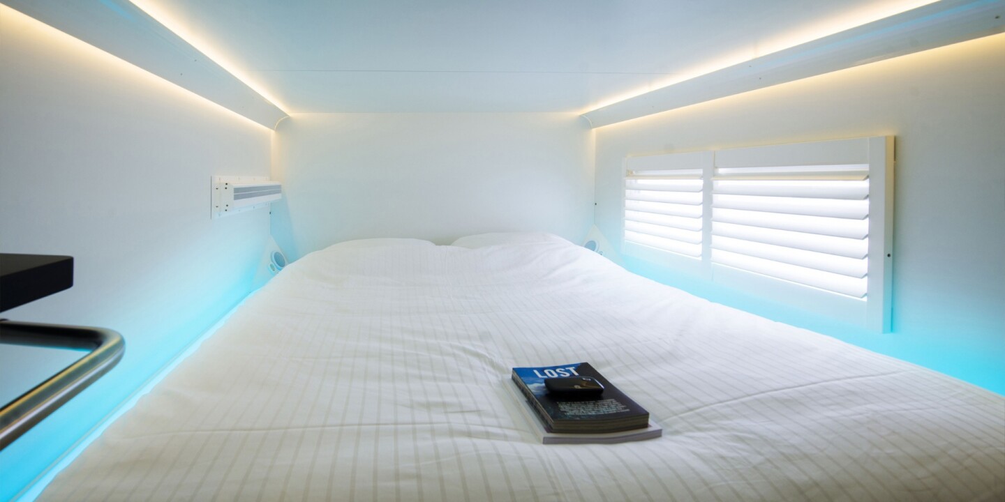 CityHub's sleeping units each have a double bed and customizable lighting and music-streaming systems
