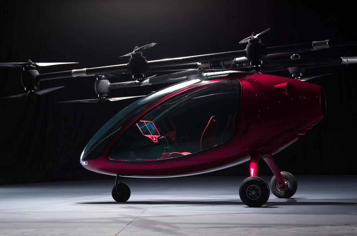 The Passenger Drone is built from carbon fiber composites and features a total of 16 rotors